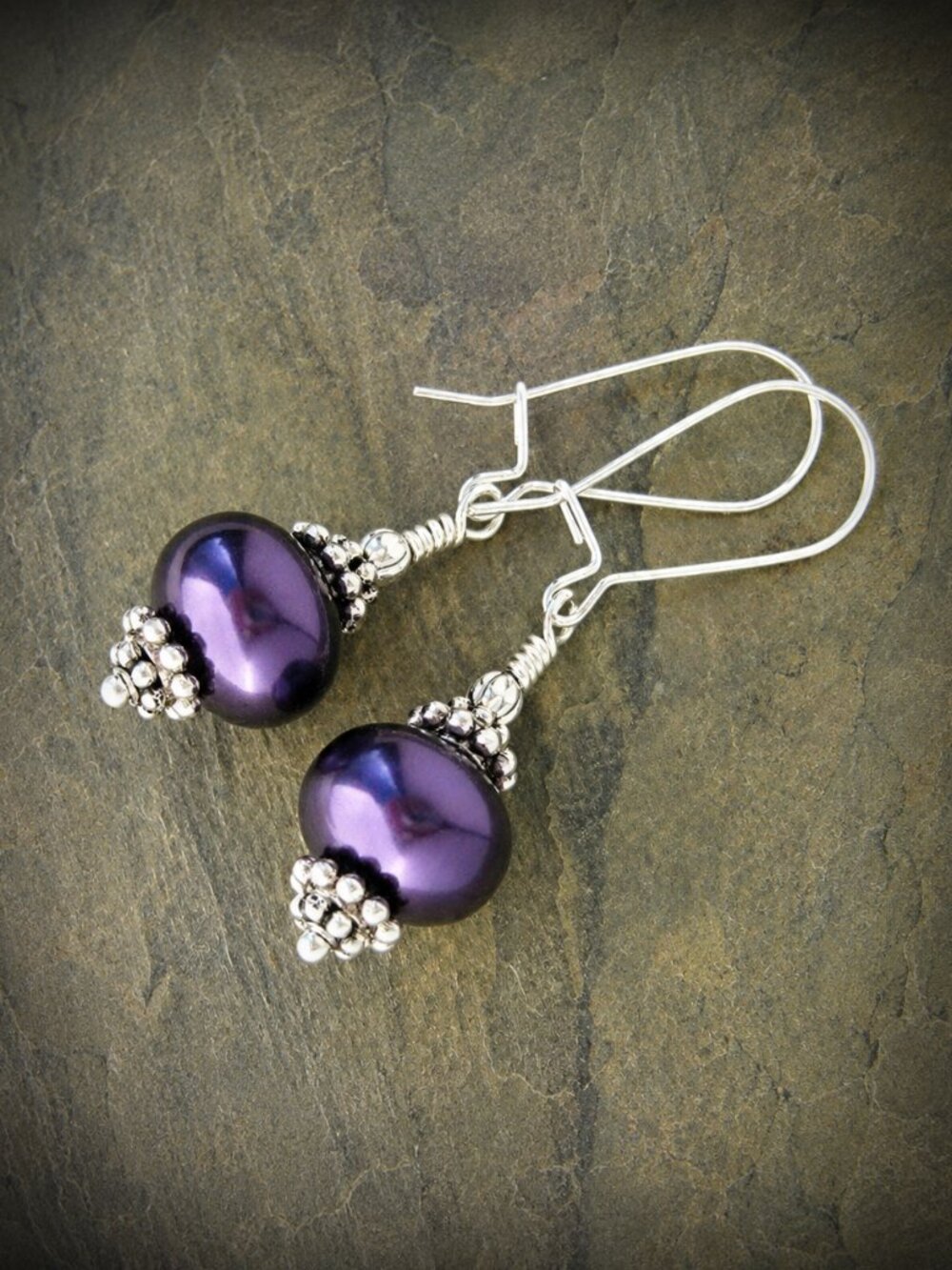 Purple Pearl Earrings Japanese Glass Sterling Silver - Picture 4 of 8